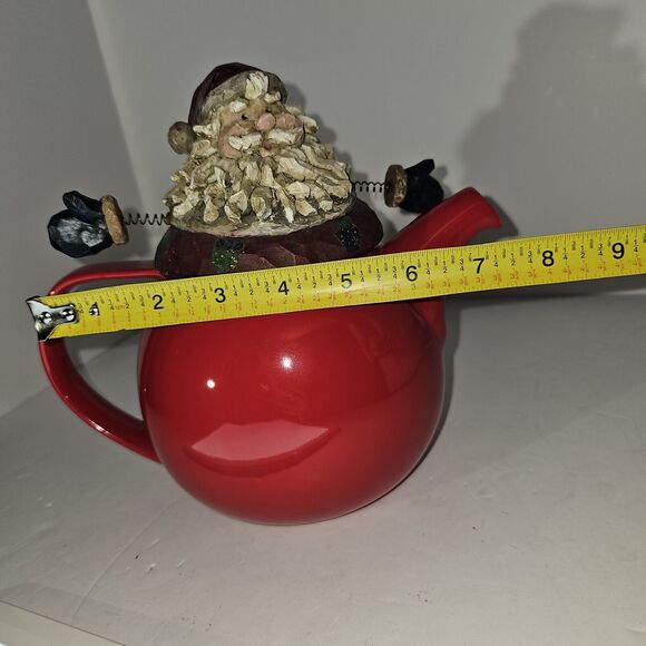 SANTA CLAUS Custom Christmas Teapot Springy Arms Holiday 8.5"x8" Red Ceramic - Picture 12 of 14